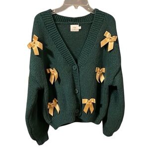 Luna Ivy Chic Forest Green Cardigan with Gold Bow Accents
